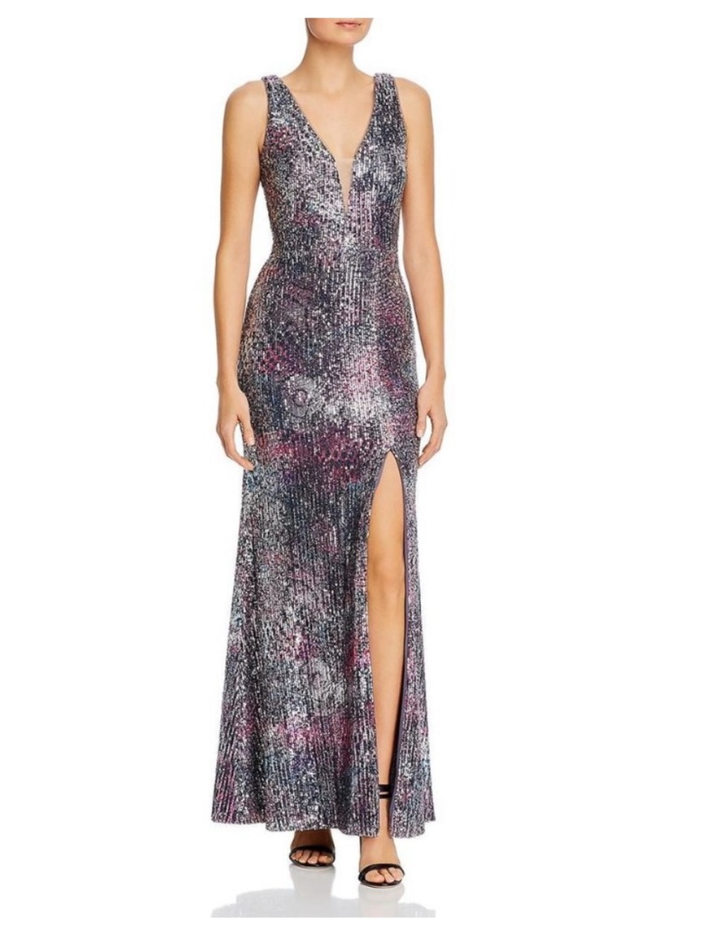Aqua Sequined V-Neck Gown in Purple, Silver and Magenta